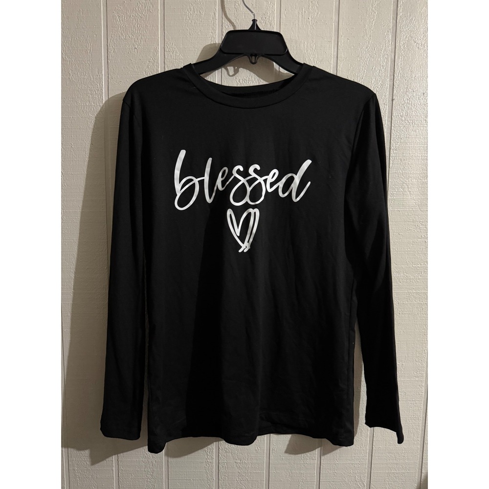 Blessed Graphic Long Sleeve Tee Black White Heart Script Shirt Medium